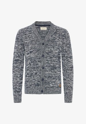 Miestsky námořnický modrý a bílý melírovaný pletený kardigán s V-výstrihom, piatimi prednými gombíkmi a dlhými rukávmi.