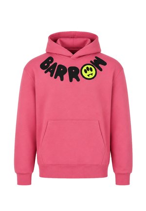 Felpa con cappuccio rosa con testo nero "BARRON" e una faccina sorridente gialla con zanne sul petto superiore e una tasca frontale.