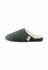 Uld-blandede hjemmesko i mørkegrå med en tekstureret overflade, cream fleece-foring og en sort gummisål. Side-tag synlig.