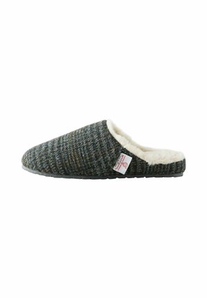 Wollmischung Hausschuh in Dunkelgrau mit einer strukturierten Oberfläche, cremefarbener Fleece-Damenfütterung und einer schwarzen Gummisohle. Seitentag sichtbar.