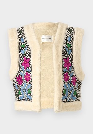 Fleece vest in cream with floral embroidery in pink, blue, and green on black fabric. Features open front and textured finish.