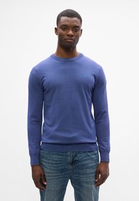 Lila Langarmpullover mit Rundhalsausschnitt, gerippten Bündchen und Saum, mit einem kleinen blauen Logo auf der linken Brust. Trägt dazu eine blaue Jeans.