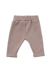 Beige Ripp-Hosen für Babys mit einem weichen Gummibund und umgeschlagenen Säumen, hergestellt aus einem strukturierten Stoff, der für Komfort und einfache Handhabung ausgelegt ist.