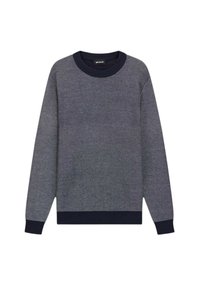 Maglione grigio scuro lavorato a maglia con scollo rotondo, maniche lunghe e polsini e orlo a coste color navy. Presenta un delicato motivo testurizzato su tutta la superficie.