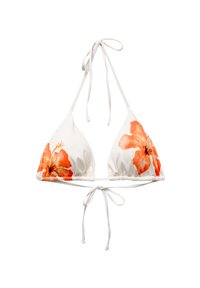 White bikini top with triangular cups, featuring large orange floral print. Ties at neck and back with thin, adjustable straps. Soft fabric.