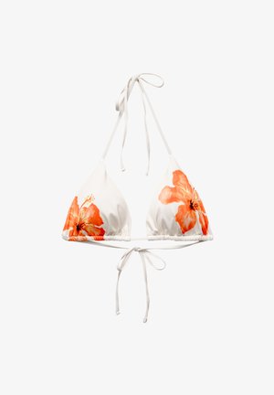 Haut de bikini blanc avec des bonnets triangulaires, orné d'un grand motif floral orange. Se noue au cou et au dos avec des fines bretelles ajustables. Tissu doux.