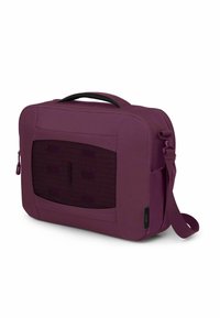 Borsa per laptop viola con esterno in tessuto liscio, pannello in rete, manico robusto, tracolla regolabile e chiusura a zip.
