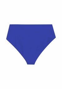 Aukštos juosmens bikini kelnaitės vienalytės mėlynos spalvos. Charakterizuojamos lygia tekstūra ir švariomis, geometriškomis linijomis. Be papildomų raštų ar akcentų.