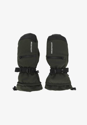 Guanti verdi con accenti neri, cinturini regolabili e una tasca con zip. Realizzati in tessuto resistente per l'uso all'aperto.