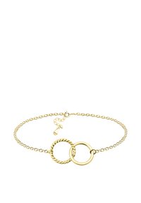 Bracciale d'oro con una delicata catena e due anelli intrecciati: uno liscio e uno torcigliato, con chiusura regolabile e un piccolo ciondolo.