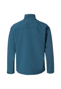 Vue arrière d'une veste softshell verte-bleue avec un col haut. Tissu texturé, coutures minimales et coupe légèrement cintrée.