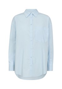 Lichtblauw katoenen shirt met lange mouwen, knoopsluiting, borstzak en een gebogen zoom. Gladde textuur met een klassiek kraagontwerp.