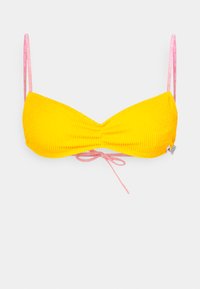 Sárga textúrájú bikini felsőrész, középen ráncolt, vékony rózsaszín pántokkal és elöl megkötős. 