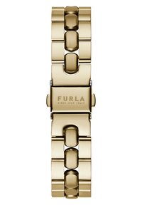 Bracciale in metallo dorato con maglie alternate lucide e spazzolate. Presenta un gancio con il logo impresso "FURLA."