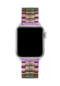 Zegarek smartwatch z kwadratową srebrną kopertą, czarnym wyświetlaczem i różową metalową bransoletą w tęczowy wzór, ozdobioną wytłaczanymi akcentami i smukłymi ogniwami.