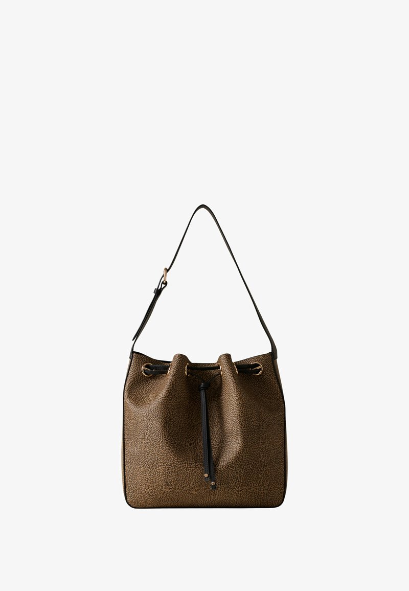 Sac seau texturé marron avec un cordon de serrage noir, des accessoires dorés et une bandoulière unique. Finition lisse imitation cuir.