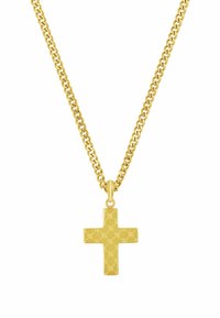 Collana d'oro con pendente a forma di croce piatta e decorata, caratterizzata da un design testurizzato, appesa a una catena a maglie classica.