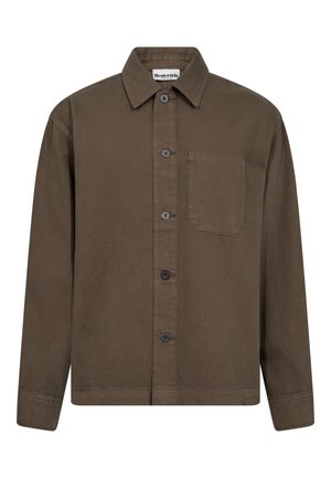 Braune Baumwollhemdjacke mit Kragen, vorderem Knopfverschluss und einer Brusttasche. Hat lange Ärmel und einen geraden Saum.