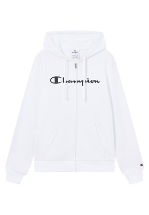 Weißer Kapuzenpullover mit Reißverschluss aus Baumwollmischung. Verfügt über ein schwarzes "Champion"-Logo auf der Brust, zwei Fronttaschen und eine Kapuze mit Kordelzug.