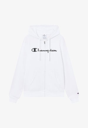 Weißer Kapuzenpullover mit Reißverschluss aus Baumwollmischung. Verfügt über ein schwarzes "Champion"-Logo auf der Brust, zwei Fronttaschen und eine Kapuze mit Kordelzug.
