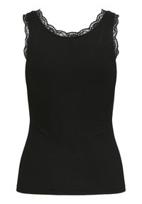 Schwarzes, geripptes Tanktop mit Spitzendetails entlang des Halsausschnitts und der Schultern, entworfen für eine figurbetonte Passform.
