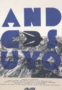 Poster met gedurfde blauwe typografie tegen een achtergrond van een berglandschap. De tekst bevat "ANDES" en "J&JOY," met aanvullende beschrijvende inhoud eronder.