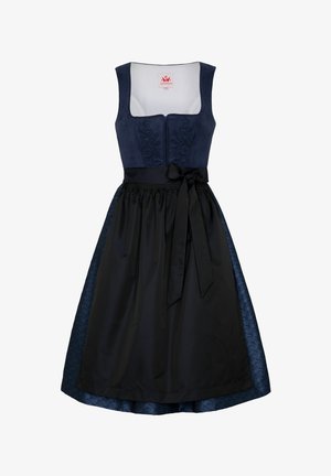Navyblaues Kleid mit tailliertem Oberteil, Reißverschluss vorne, gestickten Details und einem schwarzen Satin-Gürtel; ausgestellter Rock mit gemustertem Stoff.