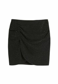Svart mini kjol med en åtsittande design, rynkade detaljer på sidorna och en subtil glittrig struktur genom hela tyget.