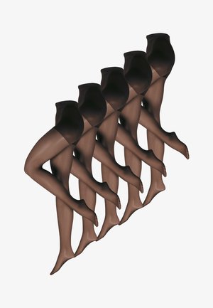 Vijf paar donkerbruine doorschijnende panty's, overlappend weergegeven, elk met de panty opgerold tot aan de taille en één been uitgestrekt.