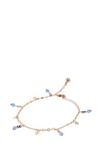 Kultaketju, joka koostuu vuorottelevista sinisistä helmistä ja geometrisista riipuksista. Hienovarainen ketjusuunnittelu, jossa on säädettävä lukko. Sopivan sileä pinta.