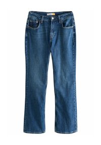 Pantalons en denim de couleur bleue, avec une coupe droite, cinq poches et une quincaillerie en métal de couleur cuivrée. Taille classique mi-haute.
