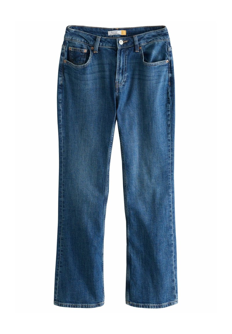 Pantalons en denim de couleur bleue, avec une coupe droite, cinq poches et une quincaillerie en métal de couleur cuivrée. Taille classique mi-haute.