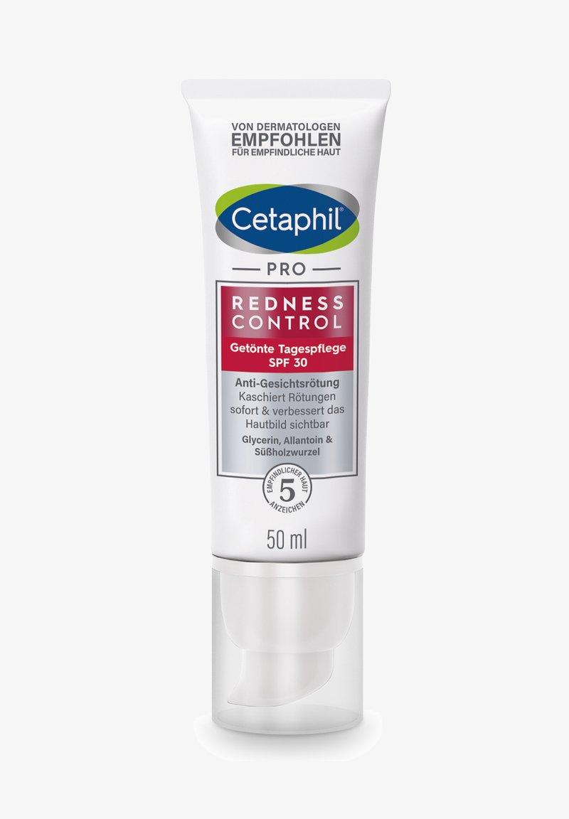 Cetaphil Pro Redness Control tinted day cream with SPF 30 for sensitive skin, reduces redness, contains glycerin, allantoin, and licorice root, 50 ml.