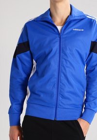 Person som bär en blå Adidas zip-up jacka med vita ränder på axlarna och svarta ränder på ärmarna, tillsammans med svarta byxor.