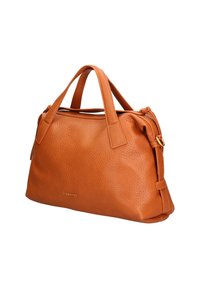 Borsa a mano in pelle arancione con superficie texturizzata, doppio manico, chiusura con zip e accessori in galvanica dorata. Forma compatta e strutturata con cuciture distintive.