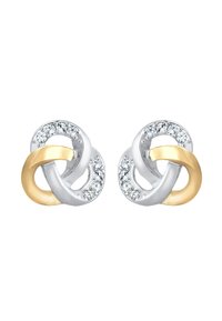 Gold- und Silber-Ohrringe, die miteinander verwoben sind, mit einem glitzernden Kristallakzent am Rand und einer glatten, polierten Oberfläche.