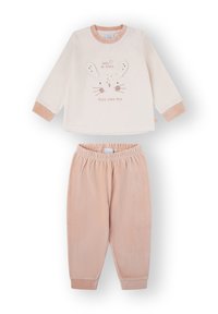 Pijama para niño pequeño en tonos rosa suave y crema, de manga larga, con pantalones de cintura elástica y un diseño de cara de conejo con el texto "hola mi amigo" en la parte superior.