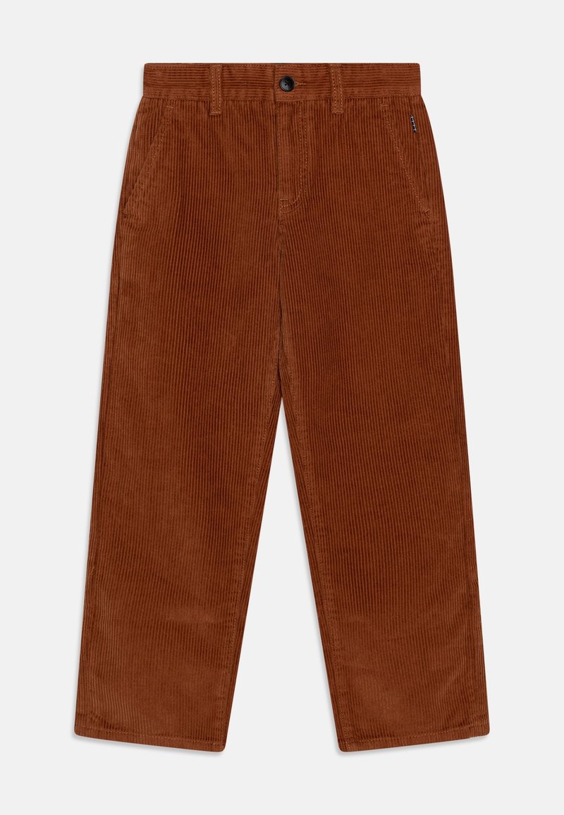Pantalon en velours côtelé marron avec coupe droite, présentant des lignes verticales subtiles et une fermeture à boutons. Poches avant incluses.