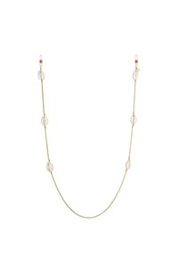Collana in tonalità oro con perle di conchiglia trasparenti, caratterizzata da un design alternato. Ogni perla ha una forma ovale con una superficie liscia.