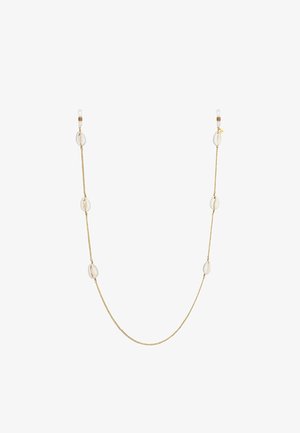 Gouden ketting met heldere schelp kralen, met een afwisselend ontwerp. Elke kraal is ovaal van vorm met een gladde textuur.