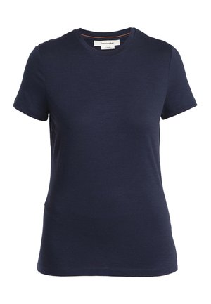 Mørkeblå kortærmet t-shirt lavet af blødt stof med klassisk rund halsudskæring og diskrete orange syninger ved kraven.