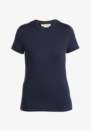 Navy blue short-sleeve t-shirt made of soft fabric with a classic crew neckline and subtle orange stitching detail at the collar.