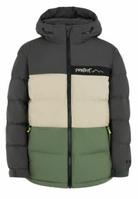 Veste rembourrée avec un design en blocs de couleur gris, beige et vert. Elle possède une fermeture éclair, une capuche et un logo blanc sur la poitrine.