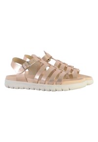 Sandali metallici rosa con cinturini, dalla texture liscia, fibbia regolabile e suola in gomma bianca con motivo a onda.