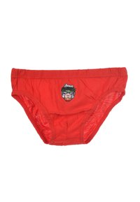 Rote Bikini-Brief mit Grafiken eines Avengers-Charakters auf der Vorderseite, elastischem Bund und glatter Textur.