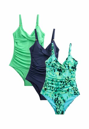 Three women's one-piece swimsuits with adjustable straps, in solid green, solid navy blue, and blue-green patterned designs, displayed side by side.
