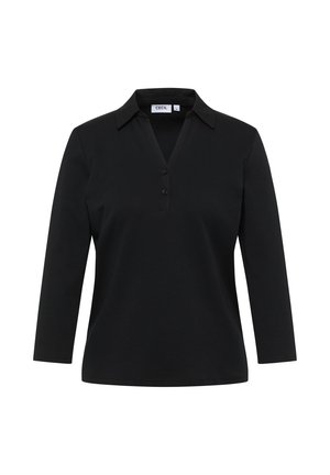Musta pitkähiha poloshirt, joka on valmistettu pehmeästä kankaasta, jossa on V-kaulus, kolmen napin lista ja jämäkkä kaulus.