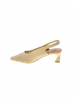 Scarpa slingback beige da donna con punta appuntita, design in rete aperta e tacco basso curvo.