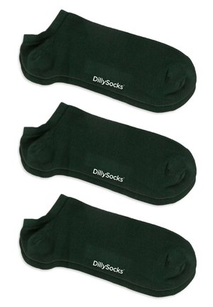 Drei Paare dunkelgrüne, niedrig geschnittene Socken mit dem "DillySocks"-Logo in Weiß auf jedem Paar gedruckt.