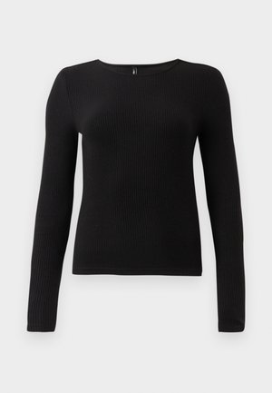 Black ribbed long-sleeve top with a round neckline and fitted silhouette. Fabric appears soft and textured with a subtle stretch.